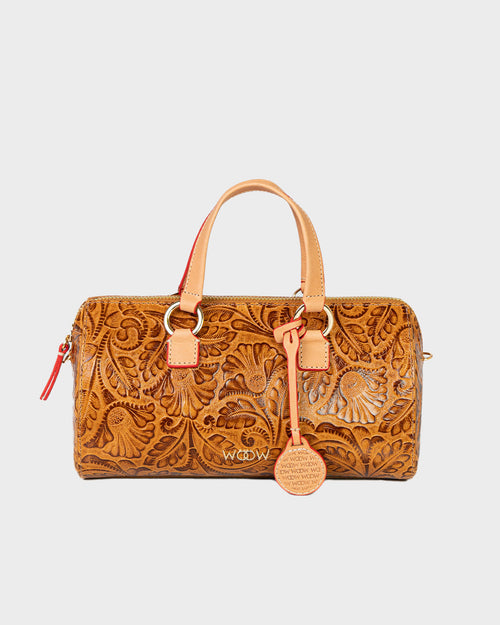 Bolsa Média Flora Couro Textura Floral Caramelo WOOW