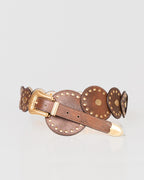 Cinto Western Texas em Couro Camel com Medalhões WOOW