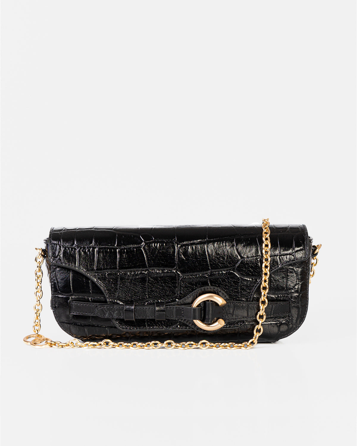 Bolsa Baguette Olivia Média Couro Croco Preto WOOW