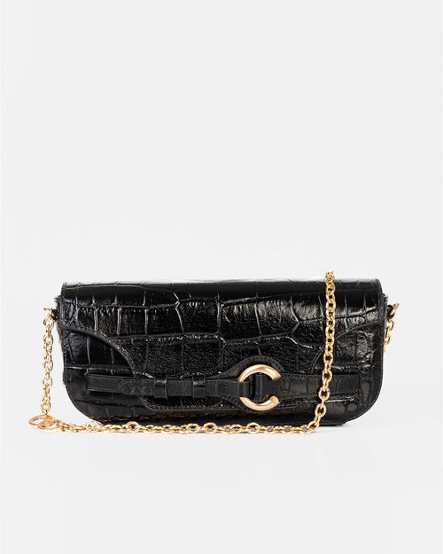 Bolsa Baguette Olivia Média Couro Croco Preto WOOW