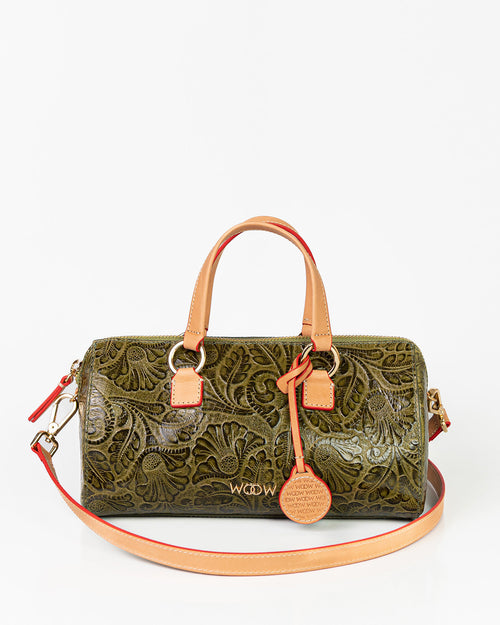 Bolsa Média Flora Couro Textura Floral Verde Oliva WOOW