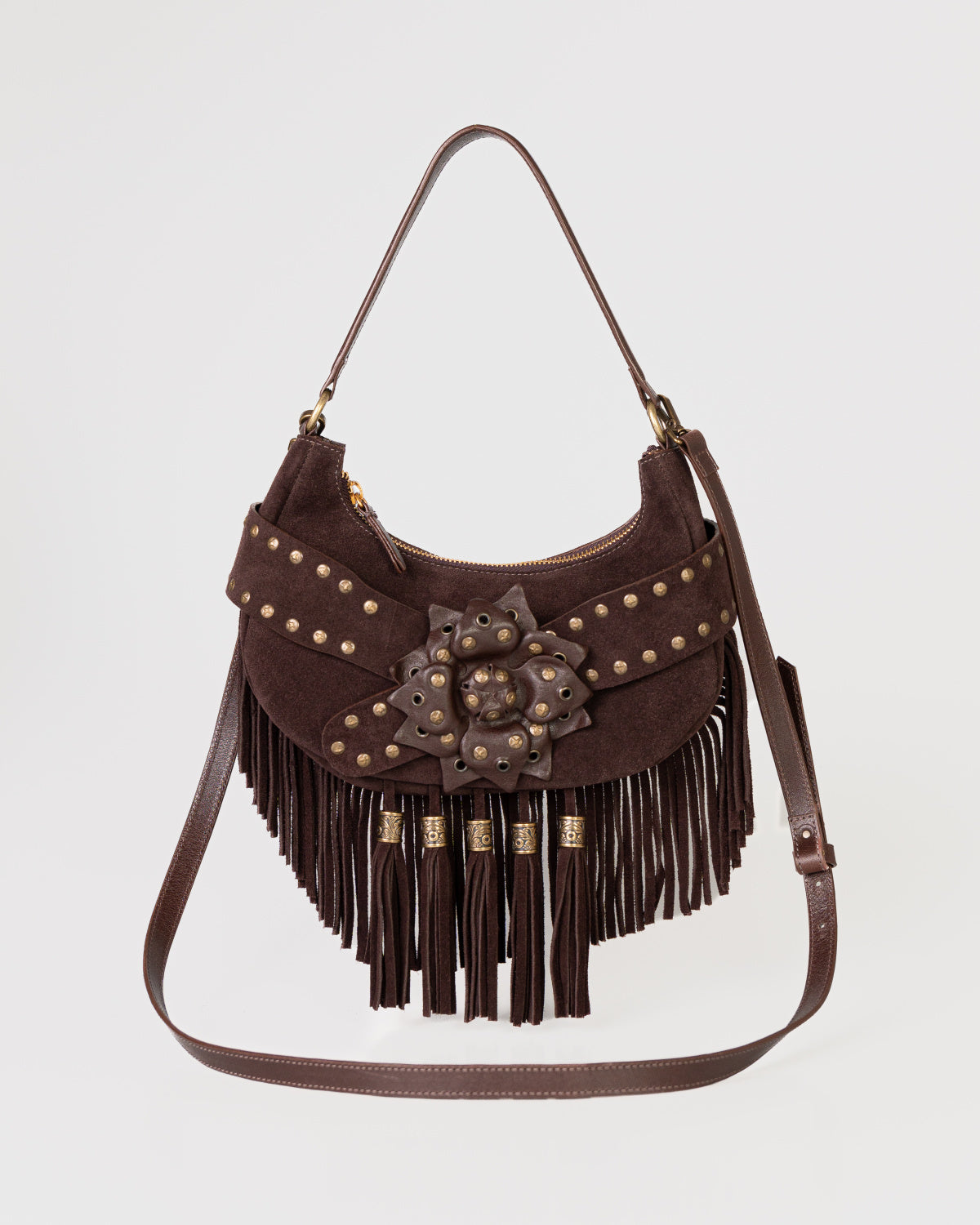 Bolsa Western Denver em Couro Café com Franjas WOOW