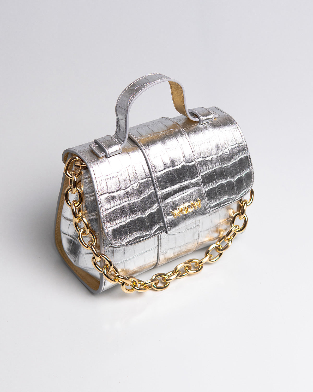Bolsa Pequena Aurora Couro Croco Silver WOOW