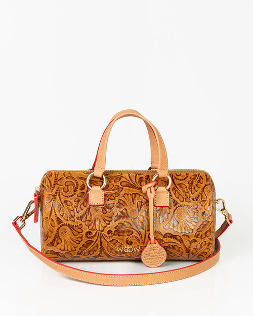 Bolsa Média Flora Couro Textura Floral Caramelo WOOW