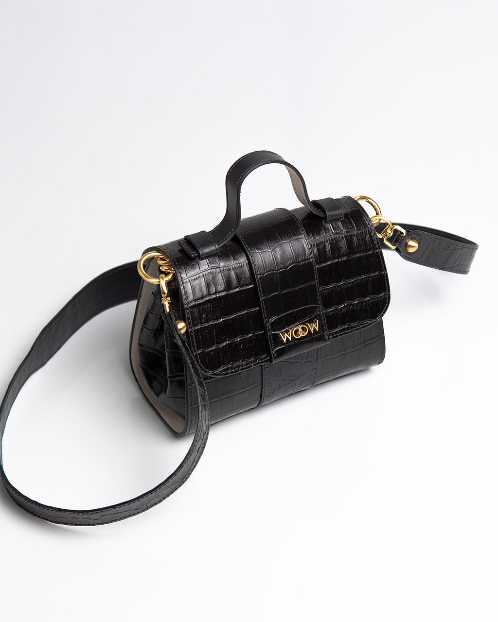 Bolsa Pequena Aurora Couro Croco Preto WOOW