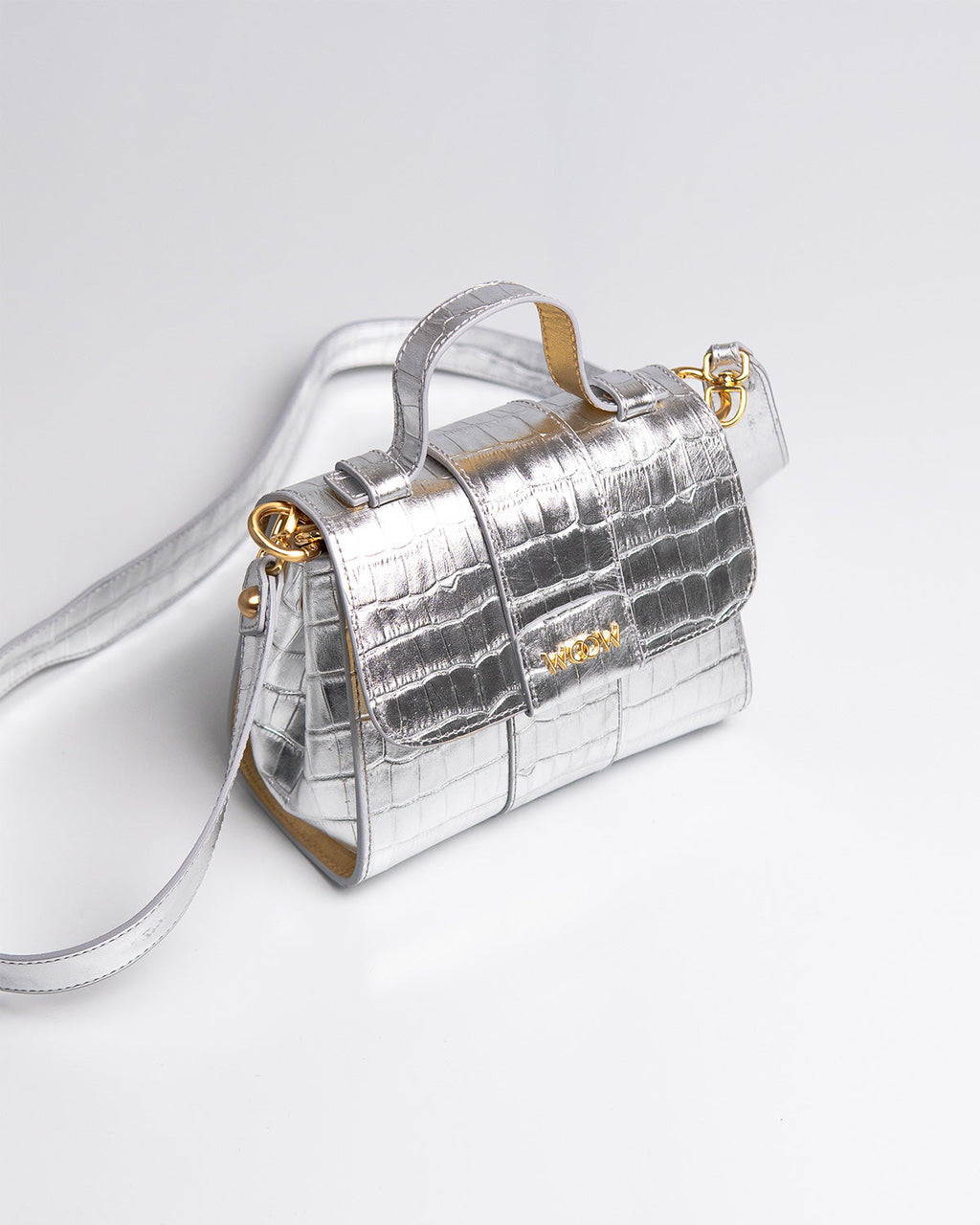 Bolsa Pequena Aurora Couro Croco Silver WOOW