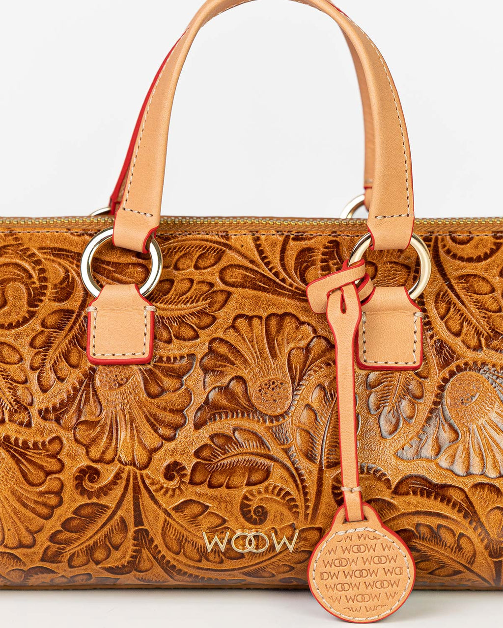Bolsa Média Flora Couro Textura Floral Caramelo WOOW