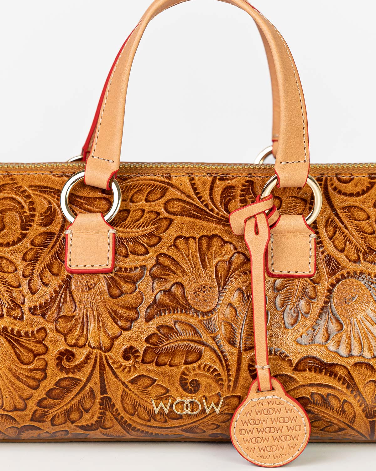 Bolsa Média Flora Couro Textura Floral Caramelo WOOW