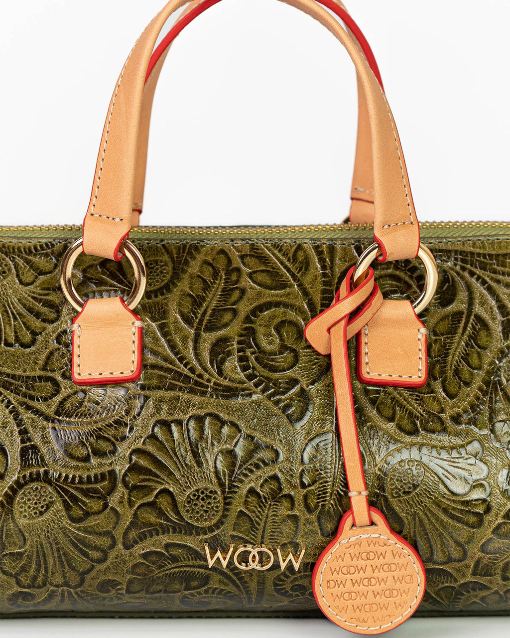 Bolsa Média Flora Couro Textura Floral Verde Oliva WOOW